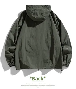 Detailed back view of an olive green hooded sun protection jacket with adjustable drawstring hem