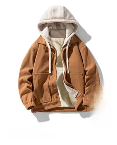 Detail of caramel corduroy hooded jacket with warm off-white fleece lining