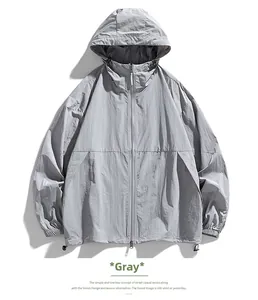 Detail of grey windproof jacket showing water-repellent nylon texture and drawstring hem