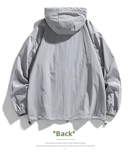 Back view of gray lightweight sun protection jacket with hood and adjustable drawstrings