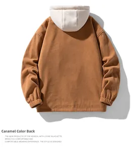 Rear view of caramel corduroy hooded jacket with off-white contrast hood details