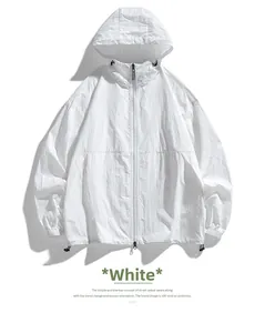 Detail of lightweight white hooded sun protection jacket with water-resistant fabric texture