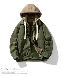 Front view of army green corduroy hooded jacket with double-layer design and drawstrings