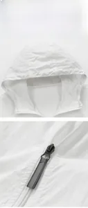 Detail view of the white hooded sun protection jacket with durable resin zipper closure