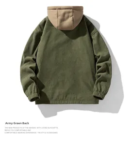 Detail view of corduroy hooded jacket back in military green with khaki hood contrast