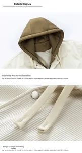 Detailed texture of beige corduroy jacket with brown double-layered hood and metal snap buttons