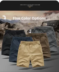 Gros plan sur les cinq coloris de shorts cargo pour hommes avec taille élastiquée en coton