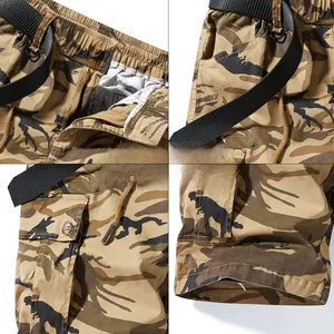 Dettagli dei pantaloncini cargo mimetici con vita elastica, cintura intrecciata e tasche