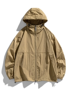 Outdoor hooded sun protection jacket in khaki windproof fabric with drawstring details