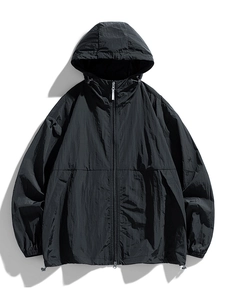 Unisex lightweight black hooded sun protection jacket with adjustable drawstring and zipper
