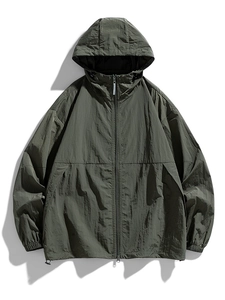 Army green hooded sun protection jacket with lightweight windproof nylon fabric
