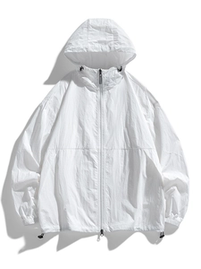 Unisex white lightweight hooded sun protection windbreaker with full zipper and black drawstrings
