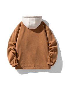 Men's brown corduroy hooded jacket with cream hood and relaxed drop shoulder design