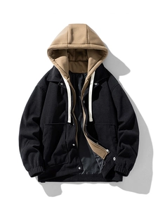 Men's corduroy hooded jacket with khaki contrast hood and drawstring in black