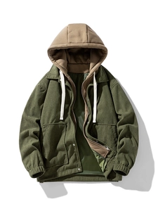 Mens dark green corduroy hooded jacket with faux two-piece design and warm fleece lining