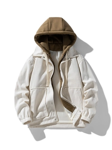 Men's corduroy hooded jacket with faux two-piece design in off-white and brown