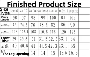 Size chart for men cargo pants showing waist and length measurements in centimeters