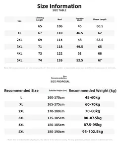 Detailed size chart for men's slim fit PU leather jacket from size L to 5XL