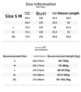Detailed size chart for men's color block jacket with chest and length measurements