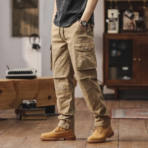 Pantalon cargo kaki pour hommes avec poches latérales et taille élastique à cordon de serrage