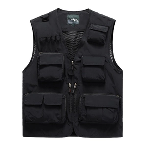 Gilet de pêche et photographie d'extérieur noir avec poches multiples et mesh aéré