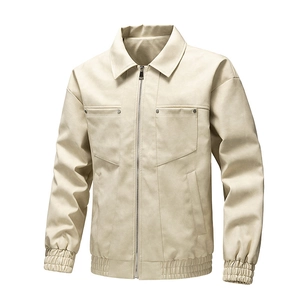 Men's cream faux leather moto jacket with ribbed hem and multi-pocket utility design