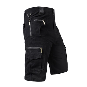 Men's loose multi-pocket cotton cargo shorts with side zippers and silver D-ring details