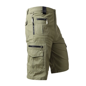 Olive green cotton cargo shorts for men with multiple pockets and tactical D-ring detail