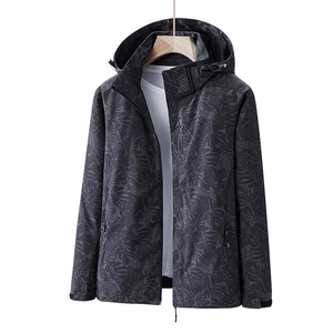 Veste outdoor grise à capuche pour homme avec motif de feuilles et poignets réglables