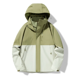 Men's 3-in-1 outdoor jacket with detachable fleece lining, olive green and beige design