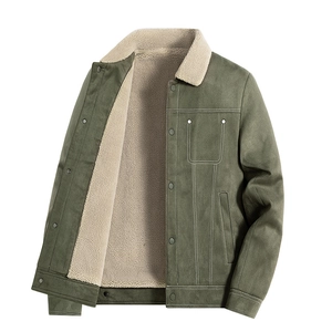 Men's olive green winter fleece-lined faux suede jacket with warm sherpa collar
