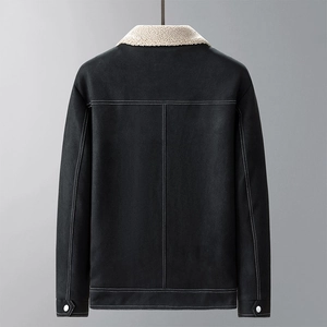 Detail of black suede jacket featuring off-white lamb wool collar and white decorative stitching