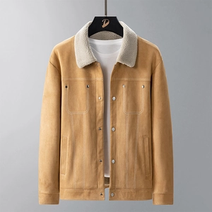Winter men's camel suede jacket with thick sherpa collar and warm fleece lining