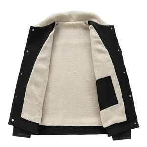 Men's winter fleece jacket in black featuring warm sherpa lining and classic lapel collar
