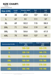 Detailed size chart for winter sherpa fleece jacket featuring length and chest measurements