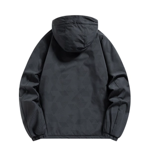 Chaqueta negra con capucha para hombre, patrones geométricos y puños elásticos