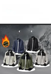 Five colors of men's winter polar fleece jackets with stand collar and zipper on snow background