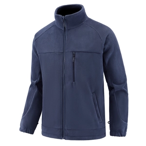 Men's navy blue fleece jacket with high collar and zippered pockets for outdoor warmth