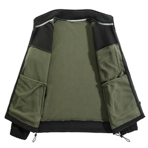 Detail of army green fleece lining with black edge binding and adjustable hem drawstring