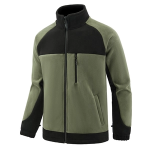 Men's outdoor fleece jacket in army green and black patchwork style for winter warmth