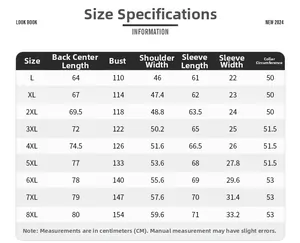 Detailed size chart for men fleece jacket ranging from L to 8XL with precise measurements