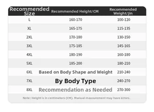 Size chart for fleece jacket ranging from L to 8XL with height and weight guides