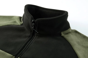 Close-up of military green and black fleece jacket with high collar and durable zipper