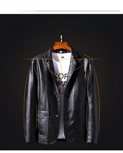 Detail of a men's black PU leather blazer featuring notched lapels and front patch pockets