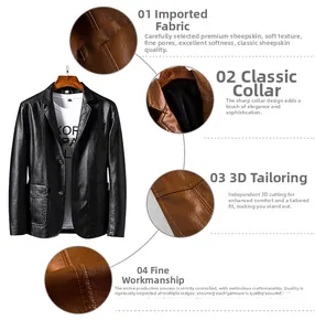 Detail view of premium sheepskin leather suit jacket with professional tailoring and fine texture