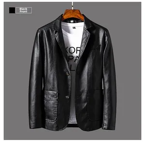 Detailed front view of a black men's faux leather blazer with classic two-button closure
