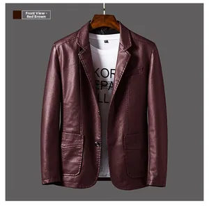 Detail view of reddish brown PU leather suit jacket with two-button design and lapel