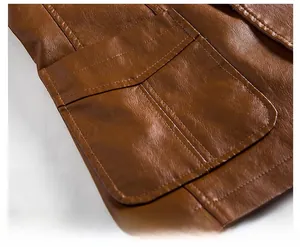 Detail of square stitching and side pocket on brown PU leather jacket for men