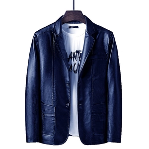 Navy blue men's PU leather blazer jacket with notched lapel and two-button closure