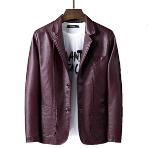 Men's dark burgundy PU leather blazer jacket with double-button closure and three pockets